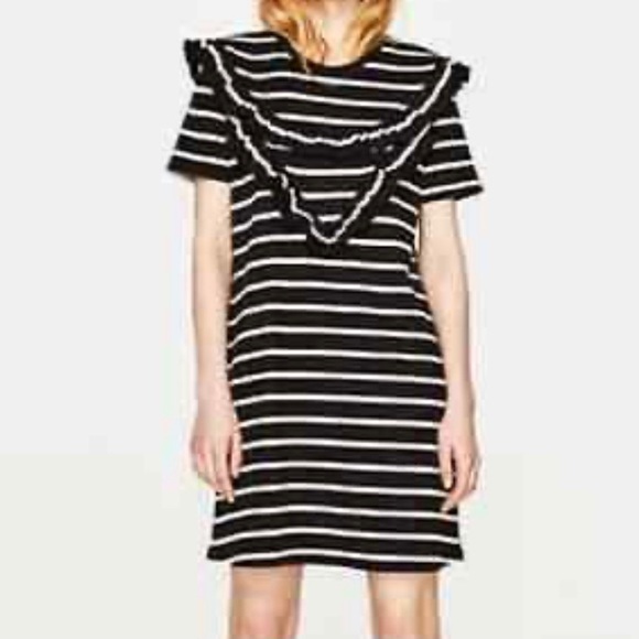 Zara Dresses & Skirts - Zara Trafaluc Ribbed Knit Ruffle Black White Stripe Short Sleeve Mini Dress-S